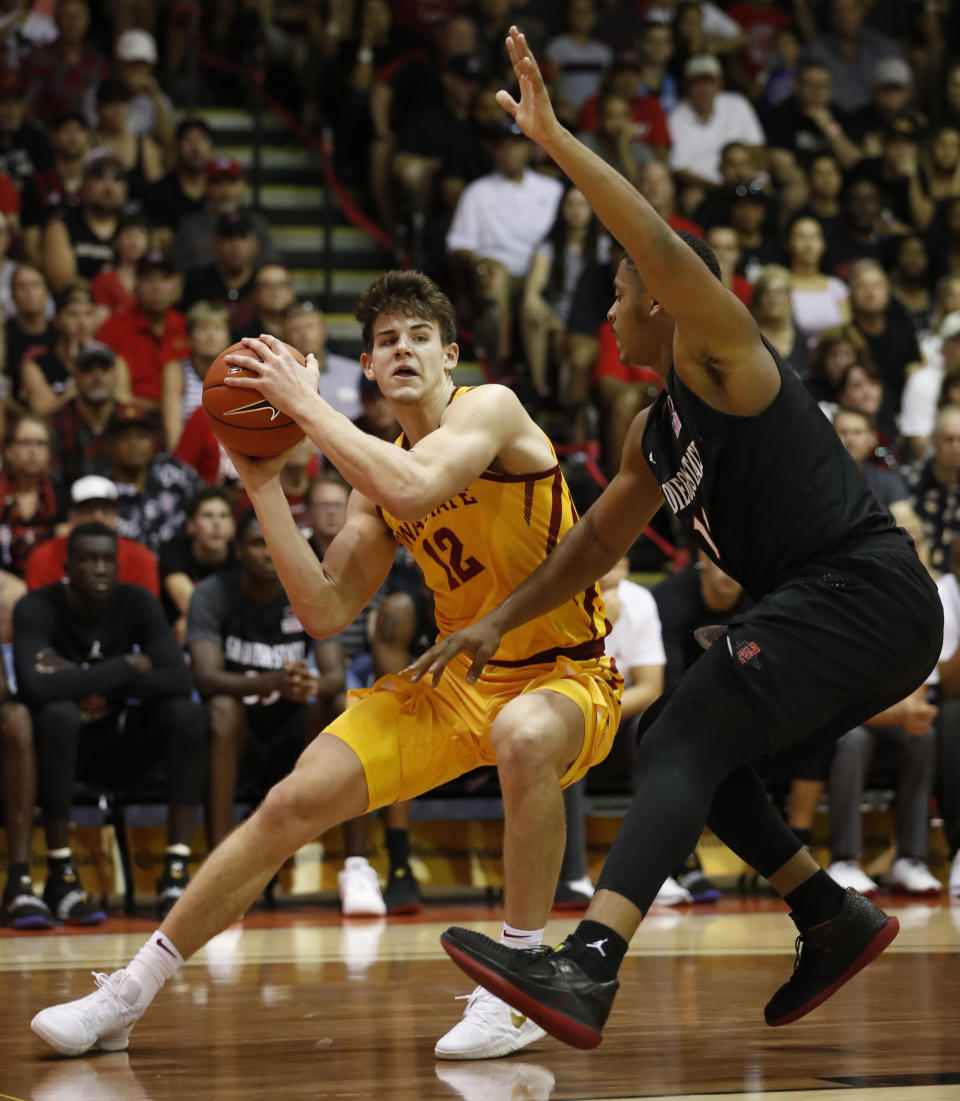 San Diego State forward Matt Mitchell (11) guards Iowa State forward Michael Jacobson (12) during the first half of a NCAA college basketball game at the Maui Invitational, Wednesday, Nov. 21, 2018, in Lahaina, Hawaii. (AP Photo/Marco Garcia)