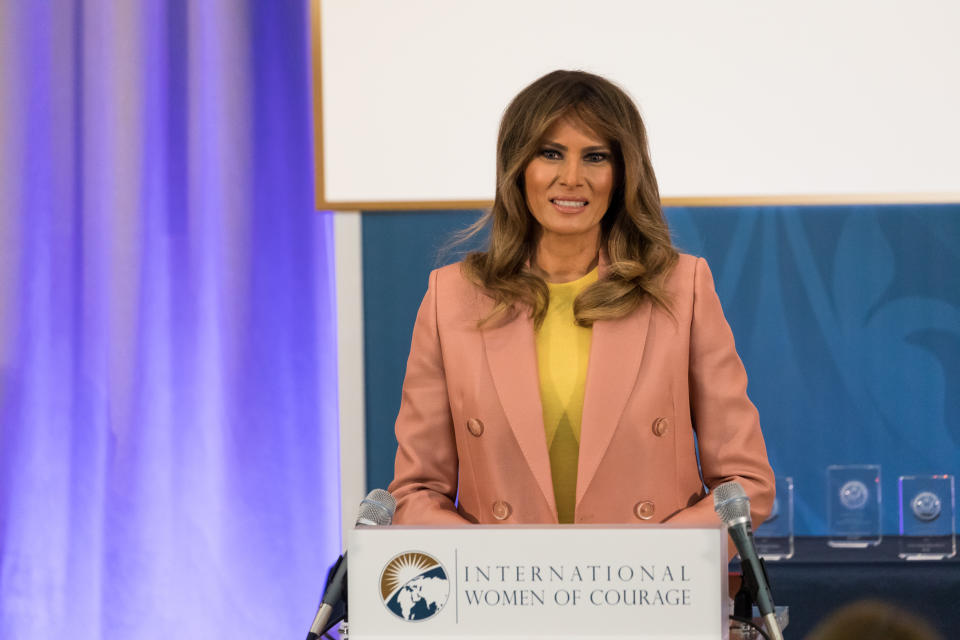 U.S. First Lady Melania Trump gives remarks at the annual International Women of Courage (IWOC) Awards honoring 10 extraordinary women from around the world. At the U.S. Dept. of State, on Friday, March 23, 2018. (Photo by Cheriss May)