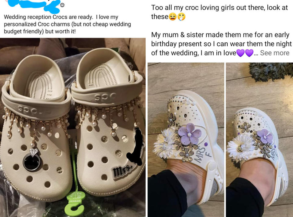 Screenshots of brides sharing their wedding crocs