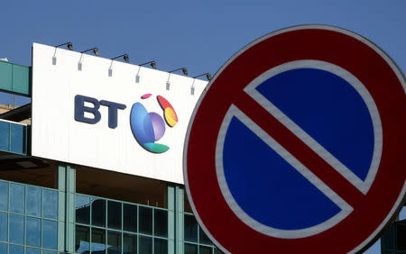 FILE PHOTO: The logo of BT is seen outside the headquarters in Milan, Italy January 24, 2017. REUTERS/Stefano Rellandini/File Photo