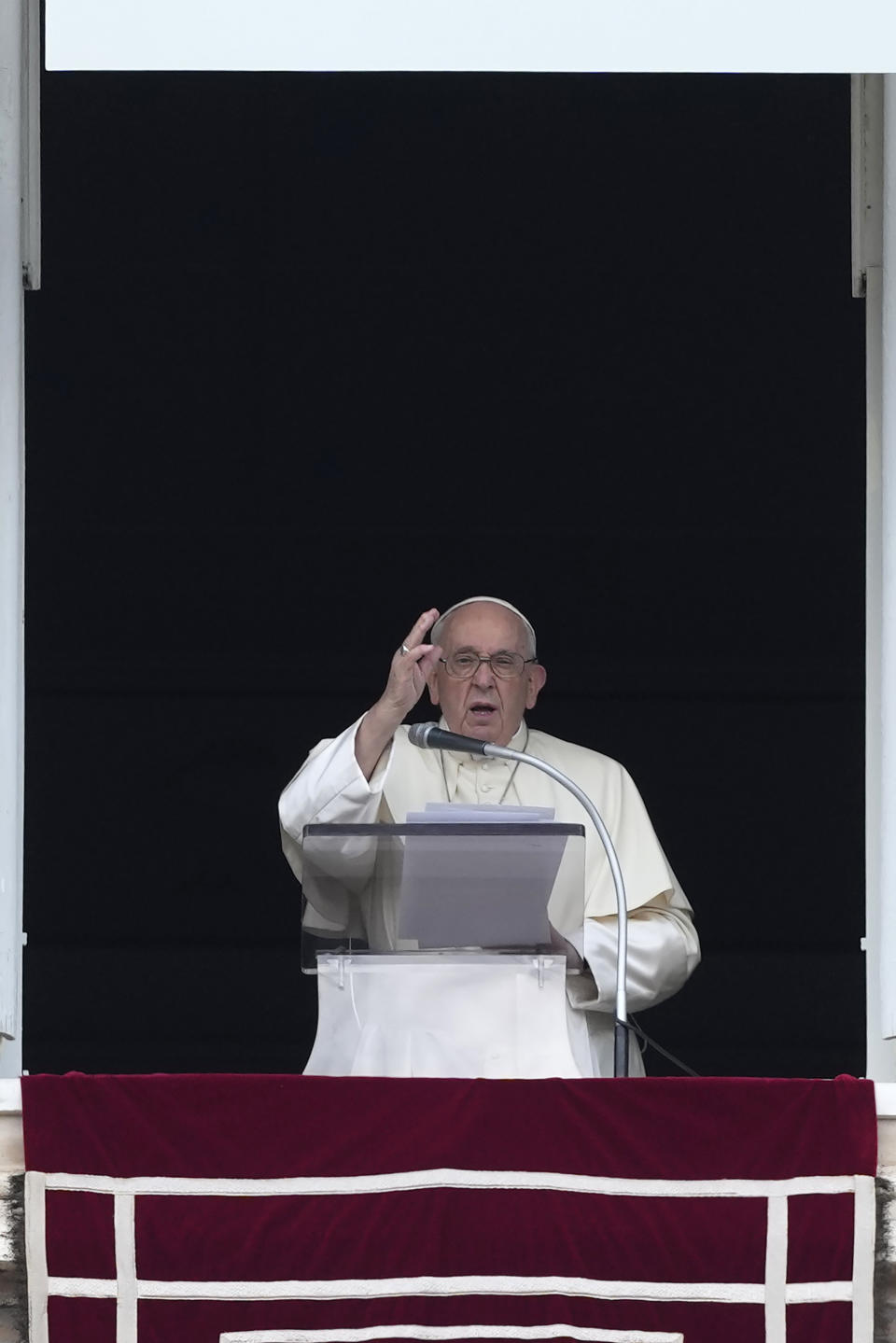 Pope Francis delivers his blessing during the Angelus noon prayer from the window of his studio overlooking St.Peter's Square, at the Vatican, Sunday, July 2, 2023. (AP Photo/Alessandra Tarantino)