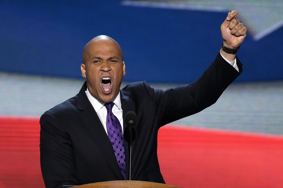 In this Sept. 4, 2012, photo, Newark Mayor Cory Booker addresses the Democratic National Convention in Charlotte, N.C. President Barack Obama may face the voters in two months, but several Democrats are already laying the groundwork for a future White House run. Up-and-coming Democratic stars like Maryland Gov. Martin O'Malley, Virginia Sen. Mark Warner, Booker and others are making the rounds before state delegations and at private events surrounding the Democratic National Convention in Charlotte. (AP Photo/J. Scott Applewhite)