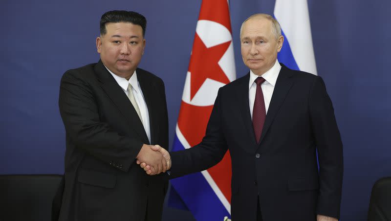 Russian President Vladimir Putin, right, and North Korea’s leader Kim Jong Un shake hands during their meeting at the Vostochny cosmodrome outside the city of Tsiolkovsky, about 125 miles from the city of Blagoveshchensk in the far eastern Amur region, Russia, on Wednesday, Sept. 13, 2023. Kim expressed his “full and unconditional support” for Russia.