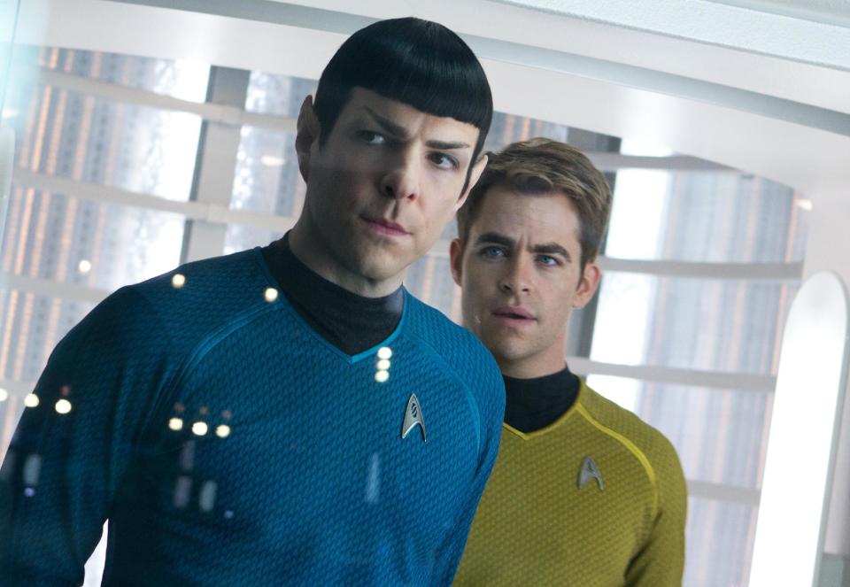 This undated publicity film image released by Paramount Pictures shows, Zachary Quinto, left, as Spock and Chris Pine as Kirk in a scene in the movie, "Star Trek Into Darkness," from Paramount Pictures and Skydance Productions. (AP Photo/Paramount Pictures, Zade Rosenthal)