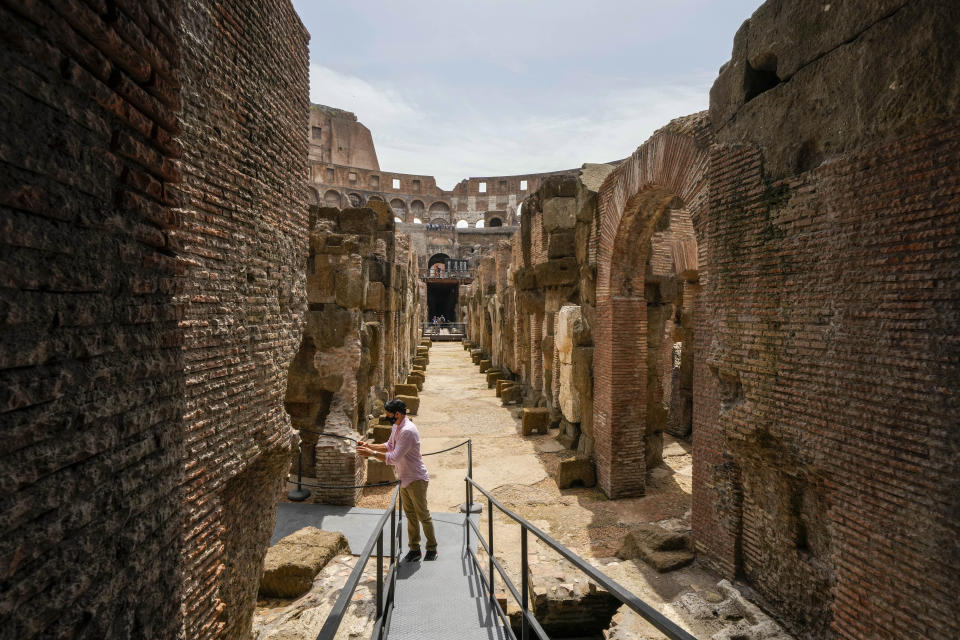 A view of the newly restored lower level of the Colosseum, in Rome, Friday, June 25, 2021. After 2-and-1/2 years of work to shore up the Colosseum’s underground passages, tourists will be able to go down and wander through part of what what had been the ancient arena’s “backstage.” (AP Photo/Andrew Medichini)