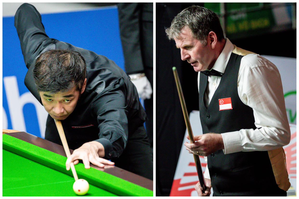 Singapore billiards players Alex Puan (left) and Peter Gilchrist in action at the men's English Billiards doubles final at the Hanoi SEA Games. (PHOTOS: SNOC/Kelly Wong)