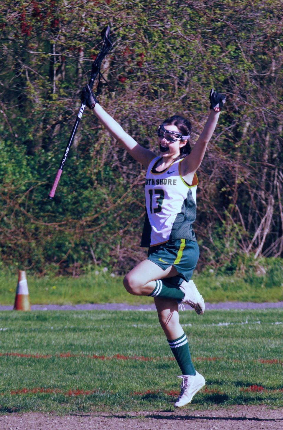 Sofia Grasso of South Shore Tech celebrates her 100th goal that she scored against Abington on Friday, May 10, 2024.