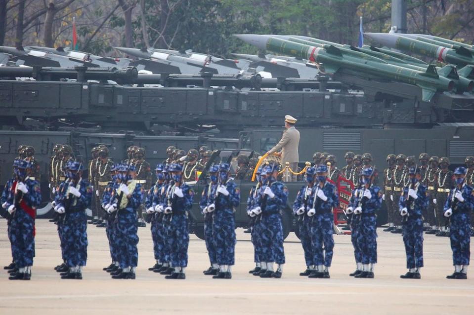 Myanmar's junta chief Senior General Min Aung Hlaing, who ousted the elected government in a coup on February 1, presides an army parade on Armed Forces Day in Naypyitaw, Myanmar, March 27, 2021.