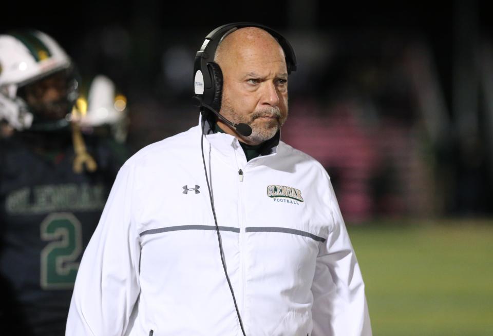 GlenOak head coach Scott Garcia watches his team take on McKinley during a high school football game at Bob Commings Field on Friday, Oct. 14, 2022.