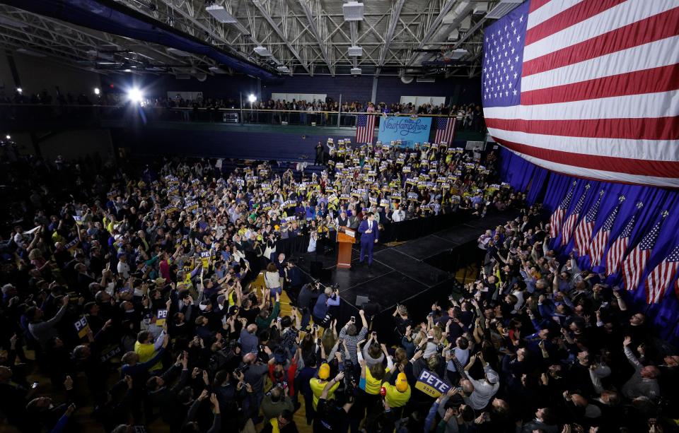 Democratic presidential candidate Sen. Bernie Sanders appears at a New Hampshire primary night rally in Manchester in 2020. 