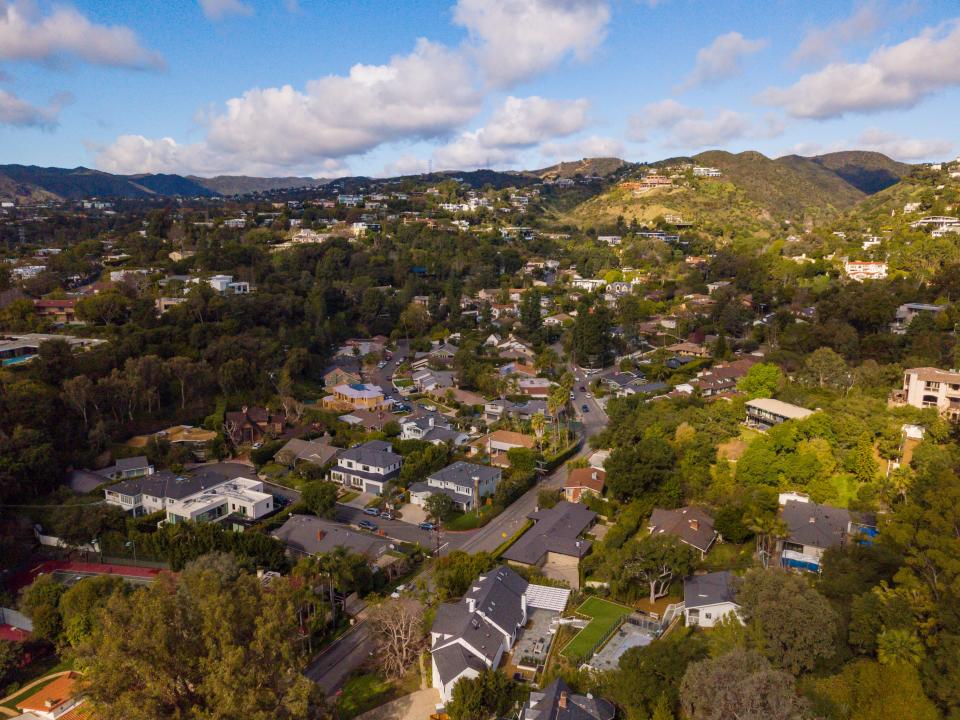 An aerial view of the Brentwood neighborhood of Los Angeles