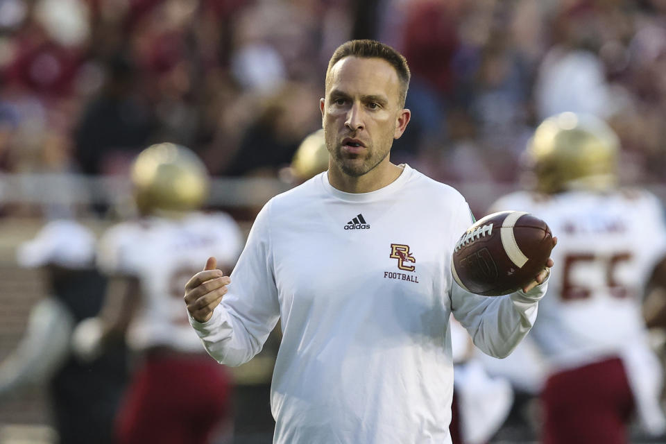 FILE - Boston College coach Jeff Hafley walks the field before the team's NCAA college football game against Florida State on Sept. 24, 2022, in Tallahassee, Fla. Boston College opens their season at home against Northern Illinois on Sept. 2.(AP Photo/Gary McCullough, File)