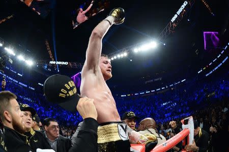 Sep 15, 2018; Las Vegas, NV, USA; Canelo Alvarez reacts after defeating Gennady Golovkin (not pictured) in the middleweight world championship boxing match at T-Mobile Arena. Alvarez won via majority decision. Mandatory Credit: Joe Camporeale-USA TODAY Sports