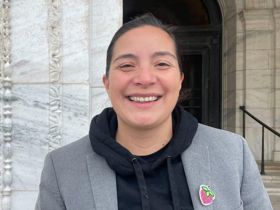 Alicia Kozlowski, the first nonbinary person ever elected to Minnesota's state Legislature, stands outside the State Capitol in St. Paul, Minn., on Nov. 18, 2022. Kozlowski is set to join the state's most diverse Legislature yet in January. (AP Photo/Trisha Ahmed)