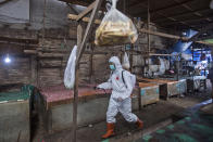 A health worker in protective gear sprays disinfectant in a traditional market to help curb the spread of the coronavirus in Medan, North Sumatra, Indonesia, Wednesday, Sept. 23, 2020. (AP Photo/Binsar Bakkara)