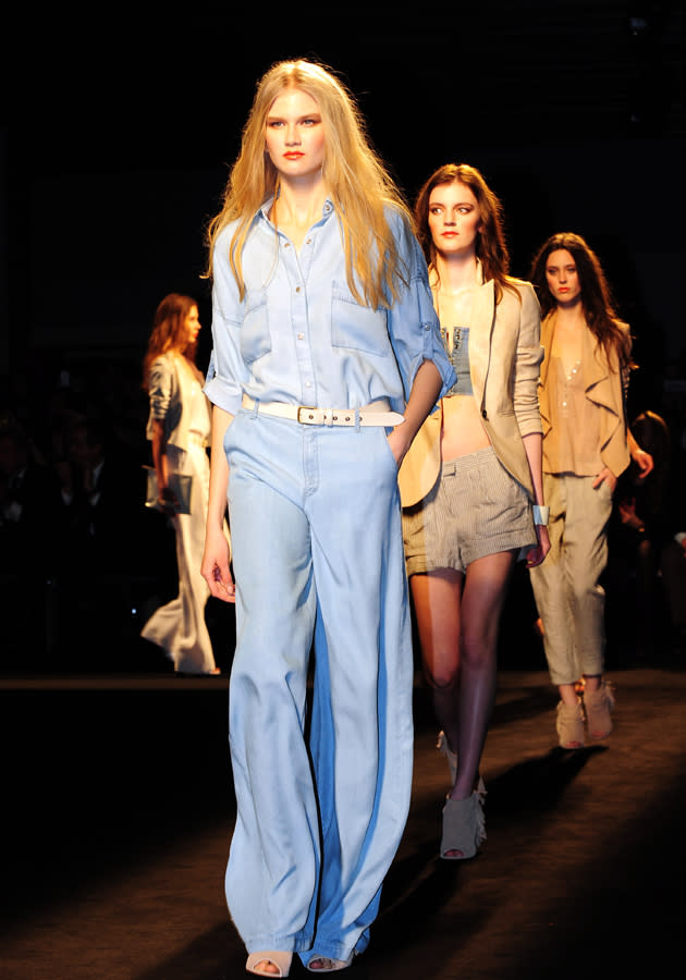 Soft, loose denim was a key trend on the Mango autumn/winter 13 catwalk, with this model rocking the double denim look.<br><br>©WENN