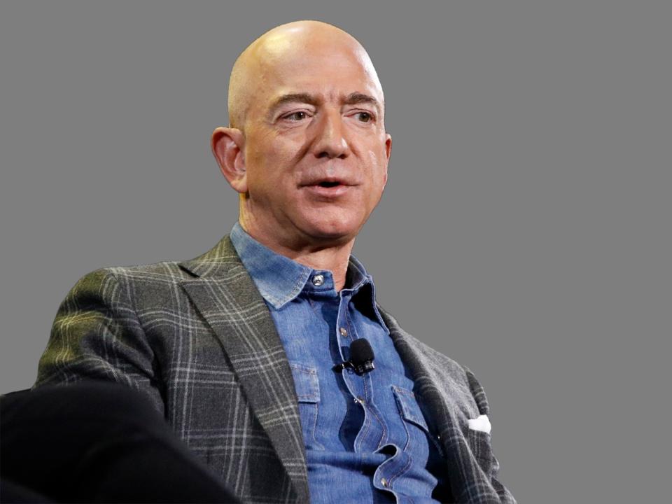 Jeff Bezos headshot, Amazon founder and CEO, graphic element on gray