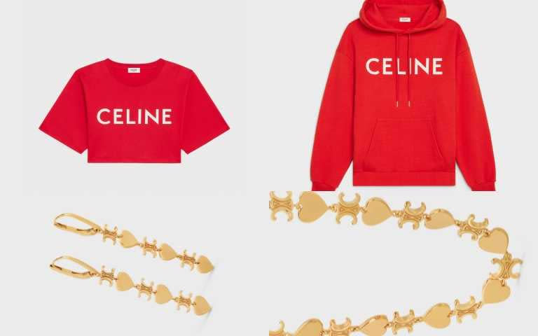 CELINE紅色短版上衣／13,000元；CELINE_棉質抽繩連帽上衣(紅)／25,000 CELINE凱旋門心型耳環／19,500元；CELINE凱旋門心型項鍊／21,500元（圖／品牌提供）