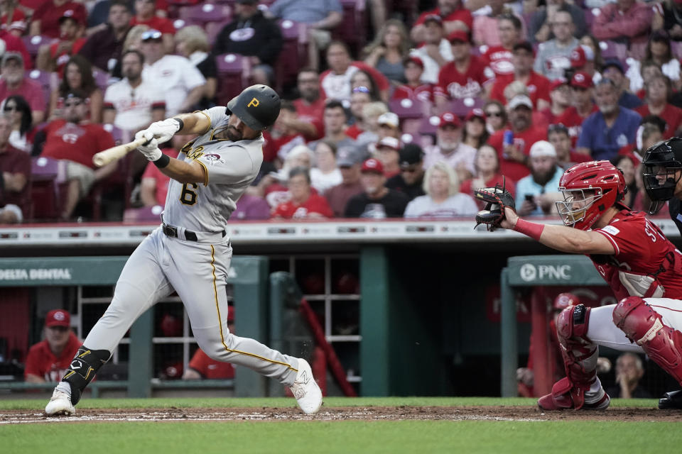 Pittsburgh Pirates' Alfonso Rivas strikes out during the second inning of the team's baseball game against the Cincinnati Reds, Saturday, Sept. 23, 2023, in Cincinnati. (AP Photo/Joshua A. Bickel)