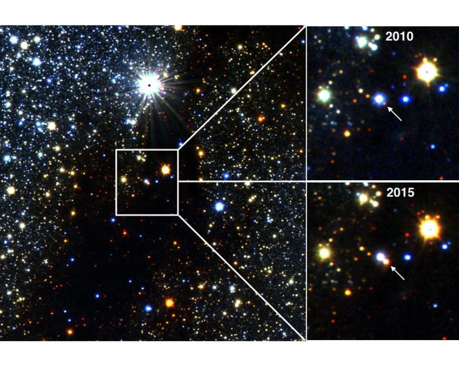 Infrared images of a red giant star about 30,000 light-years away, near the center of our Milky Way galaxy, which has receded and receded over the past several years.