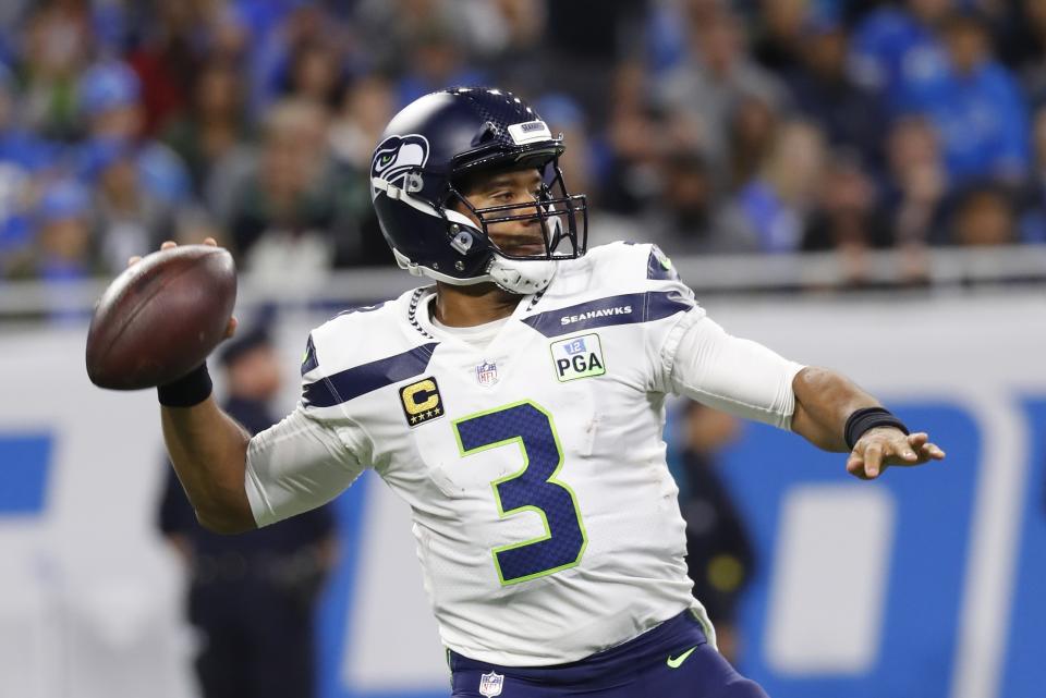 Seattle Seahawks quarterback Russell Wilson prepares to throw during the first half of an NFL football game against the Detroit Lions, Sunday, Oct. 28, 2018, in Detroit. (AP Photo/Paul Sancya)