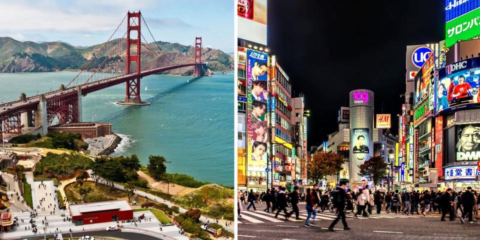 The Golden Gate at San Francisco and Shibuya, Tokyo.
