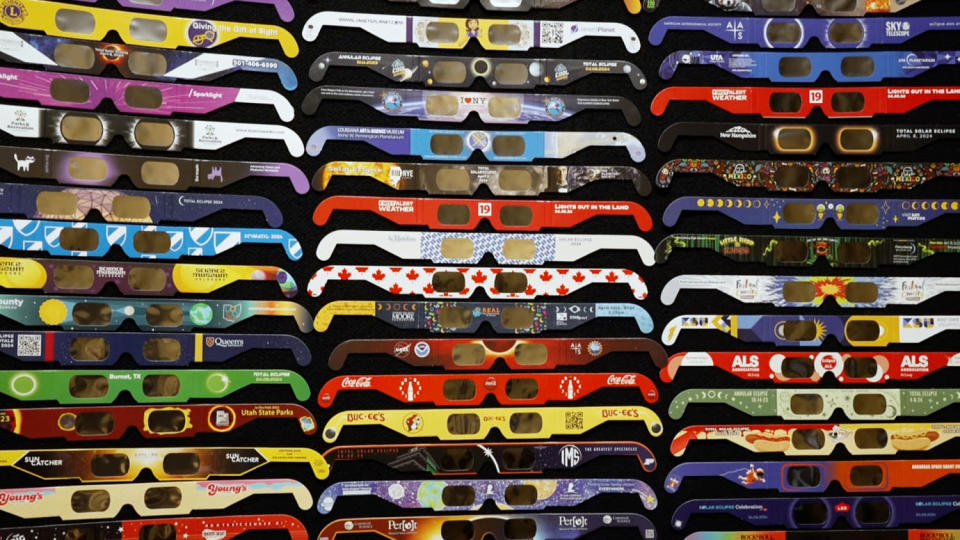 The many different brand versions of American Paper Optics glasses made in preparation for the upcoming eclipse. (NBC News)