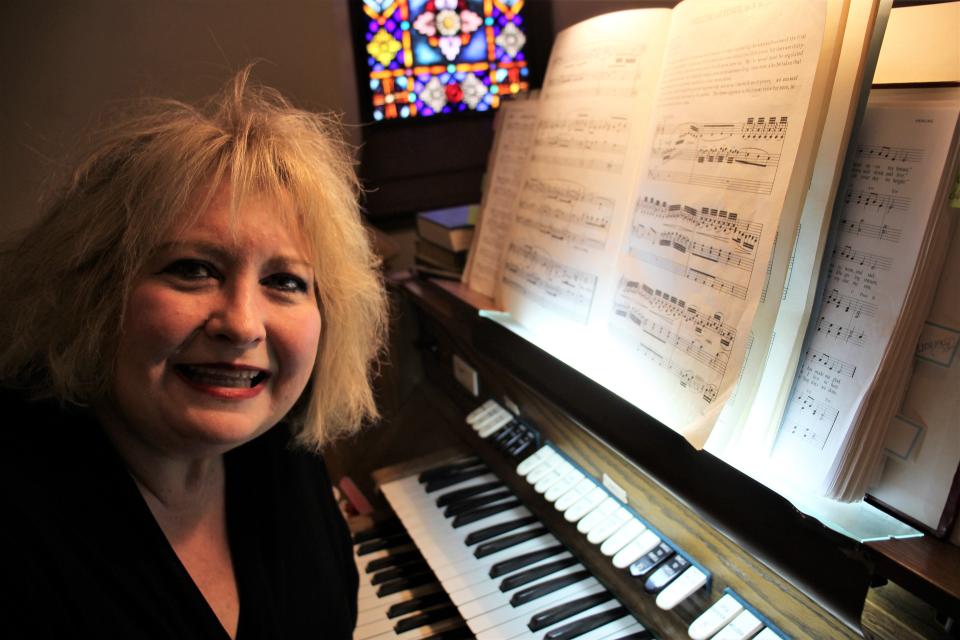 Suzanne Haterius Fusaro at the organ, which she plays Sundays at Bethel Lutheran Church. She has played the organ at church services there and elsewhere for 48 years.