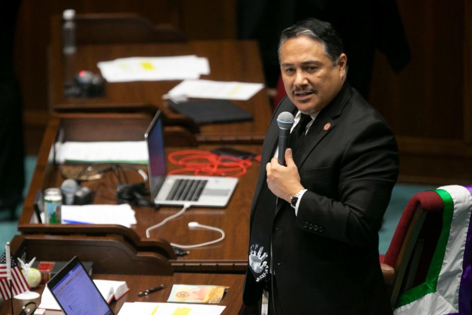 Rep. Diego Rodriguez, D-Laveen, speaks as the House votes on bills related to the budget at the Arizona State Capitol in Phoenix on June 24, 2021.