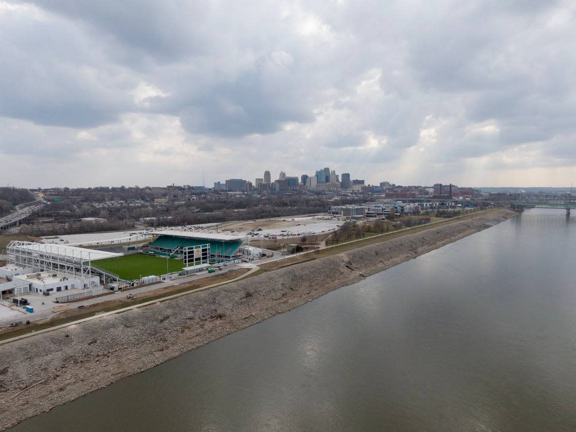 CPKC sits along the bank of the Missouri River as it flows past downtown Kansas City. The Kansas City Current name is derived from Kansas City’s association with the river. Nick Wagner/nwagner@kcstar.com