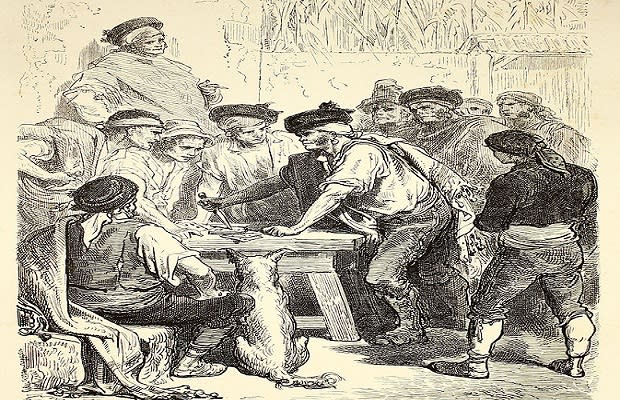 Ilustración de Jean Charles Davillier (1874) sobre un baratero exigiendo el pago de ‘el barato’ (imagen vía Wikimedia commons)