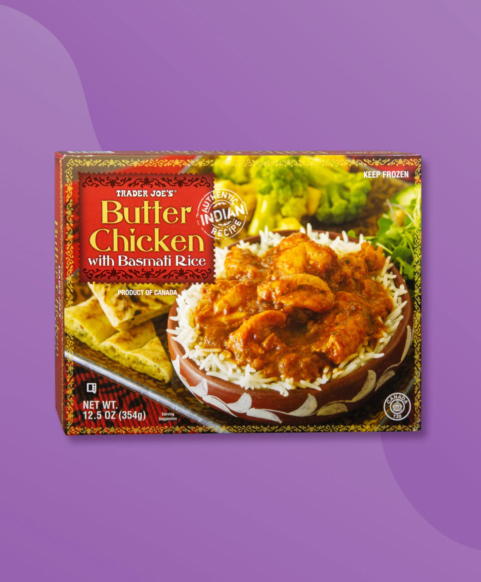 A box of Trader Joe's Butter Chicken with Basmati Rice on a purple background. (TODAY Illustration / Lauren Schatzman / Trader Joe's)