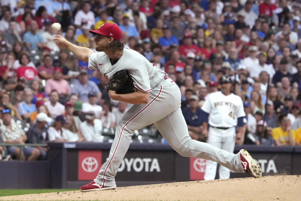 Philadelphia Phillies starting pitcher Aaron Nola throws to a Milwaukee Brewers batter during the first inning of a baseball game Saturday, Sept. 2, 2023, in Milwaukee. (AP Photo/Kayla Wolf)