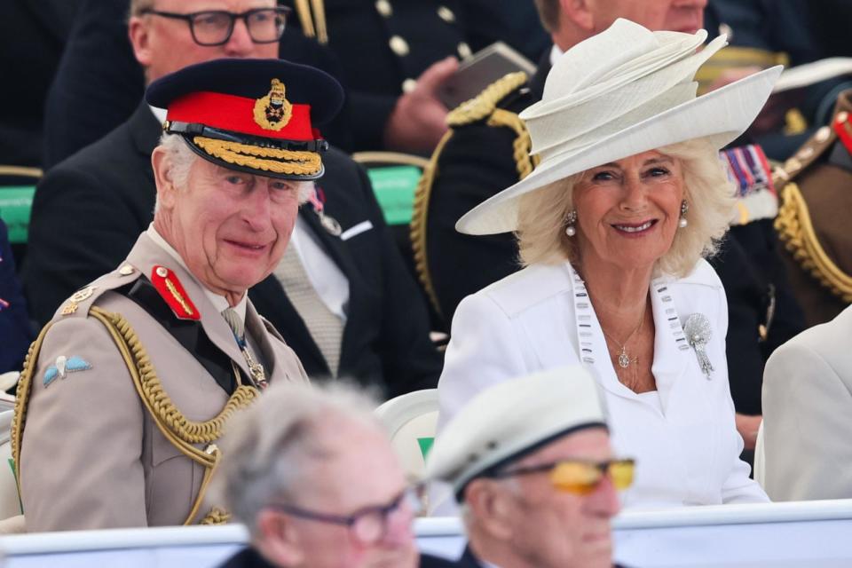 PHOTO: King Charles III and Queen Camilla attend the UK Ministry of Defense and the Royal British Legions commemorative event at the British Normandy Memorial to mark the 80th anniversary of D-Day on June 06, 2024, in Ver-Sur-Mer, France.  (Chris Jackson/Getty Images)