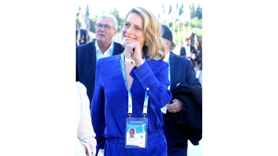 Princess Tatiana in a blue outfit at Olympic handover