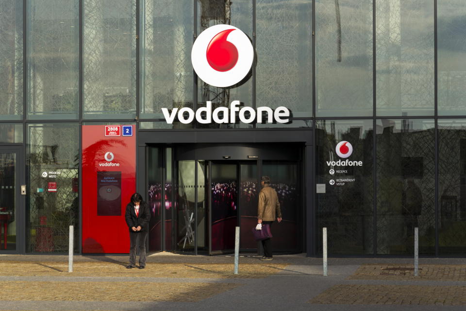 Prague, Czech republic - November 7, 2016: Vodafone telecommunications company logo on Czech headquarters on November 7, 2016 in Prague, Czech republic. Vodafone India will launch 4G services across eight additional circles and 2,400 towns by March 2017.