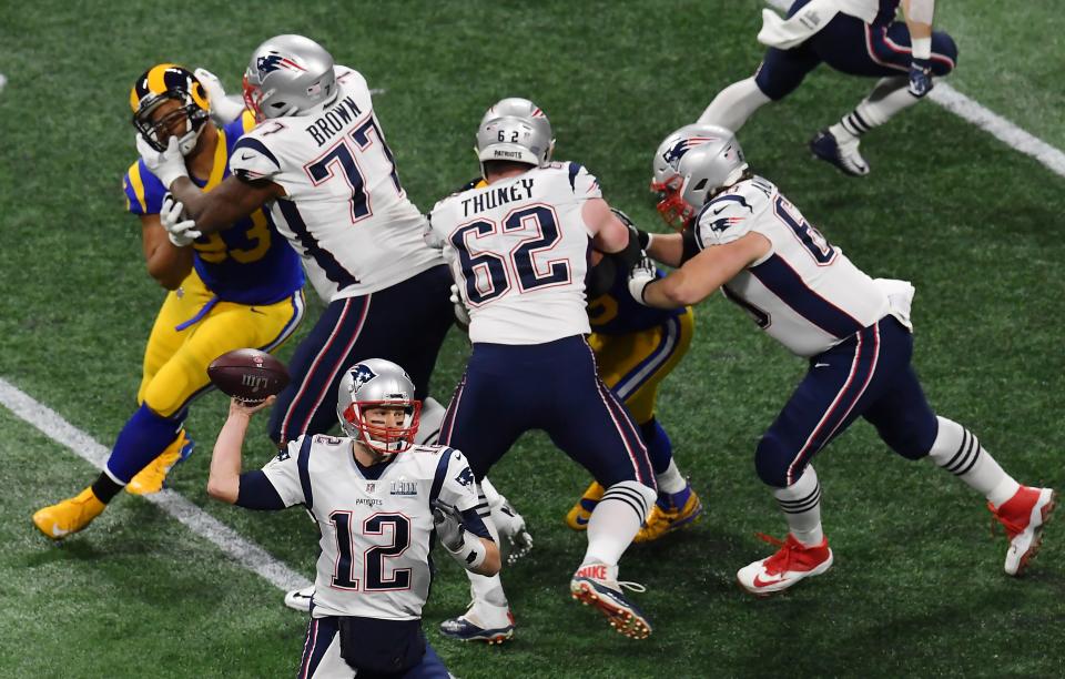 <p>Tom Brady of the New England Patriots passes against Los Angeles Rams in the first quarter of Super Bowl LIII at Mercedes-Benz Stadium in Atlanta, Georgia, on February 3, 2019. (Photo by Angela Weiss / AFP) </p>
