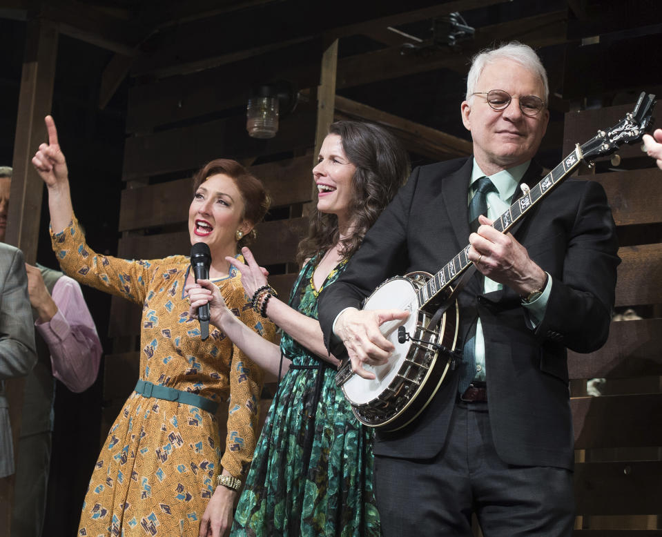 FILE - Carmen Cusack, from left, Edie Brickell and Steve Martin appear at the curtain call for the Broadway opening of "Bright Star" in New York on March 24, 2016. Martin is the subject of a new documentary "Steve! (Martin) a Documentary in 2 Pieces." (Photo by Charles Sykes/Invision/AP, File)