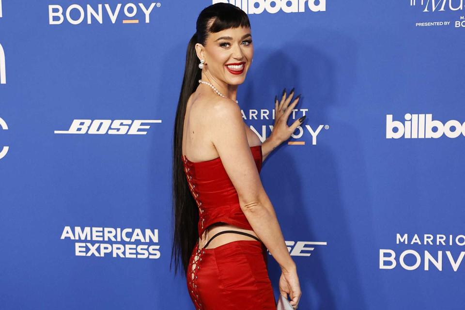 Katy Perry Flashes Her Thong and Backside in LaceUp Skirt at Billboard