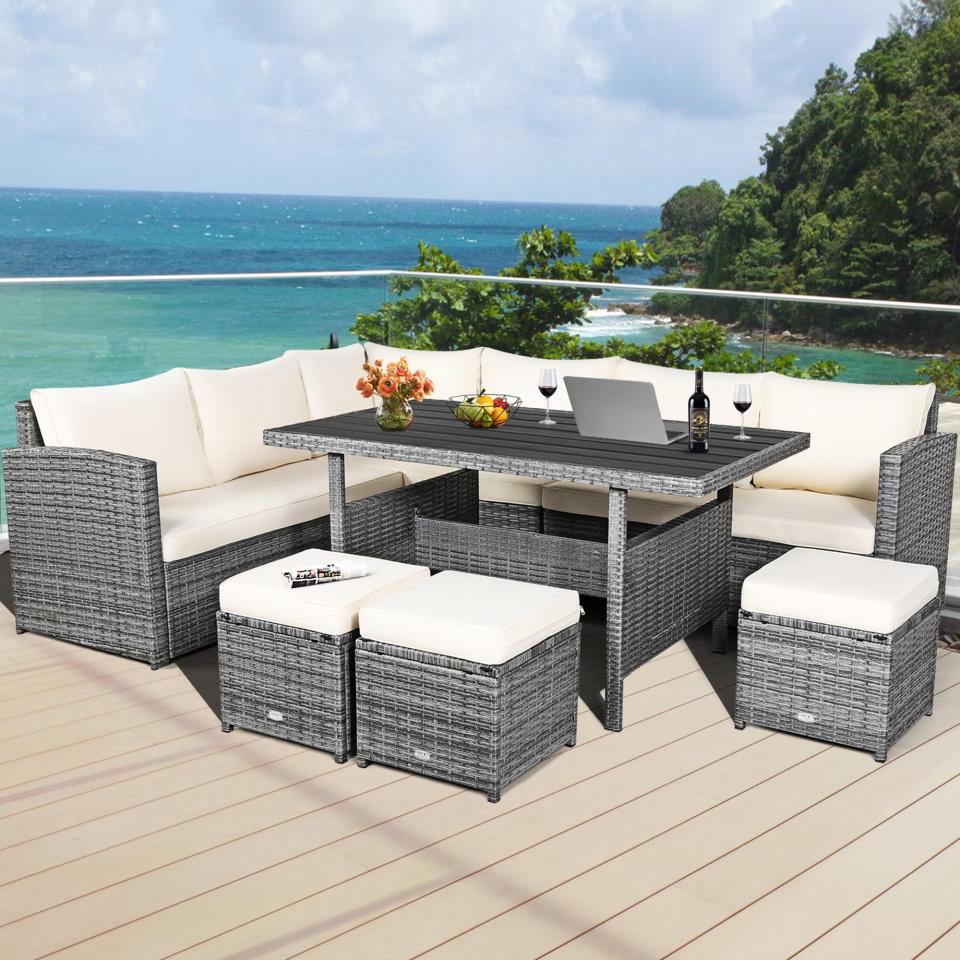 <p><a href="https://go.redirectingat.com?id=74968X1596630&url=https%3A%2F%2Fwww.walmart.com%2Fip%2FGymax-7PCS-Rattan-Patio-Sectional-Sofa-Set-Conversation-Set-w-White-Cushions%2F890055054&sref=https%3A%2F%2Fwww.popularmechanics.com%2Fhome%2Fg36231090%2Fbest-outdoor-sectionals%2F" rel="nofollow noopener" target="_blank" data-ylk="slk:Shop Now;elm:context_link;itc:0;sec:content-canvas" class="link ">Shop Now</a></p><p>Patio Outdoor Sectional With Dining Set</p><p>walmart.com</p><p>$659.99</p>