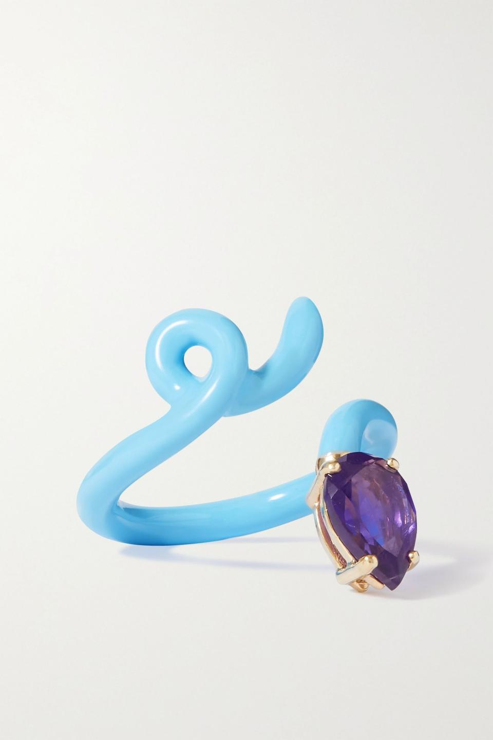 Baby Vine Tendril gold, enamel and amethyst pinky ring