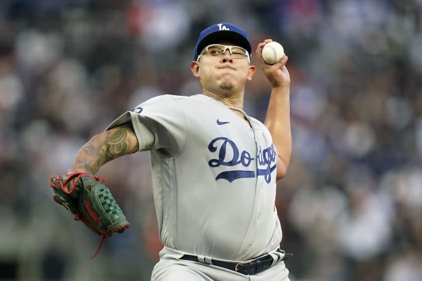 Los Angeles Dodgers' Julio Urias pitches against the San Francisco Giants during the first inning.