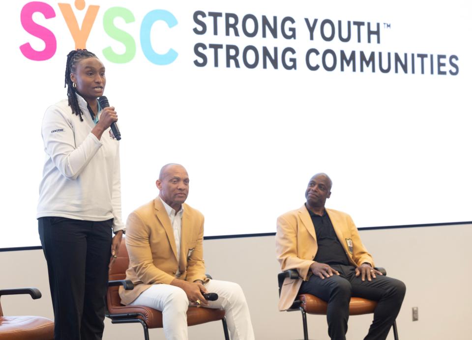 College basketball star Iman McFarland speaks at the Pro Football Hall of Fame on Monday. A renewed and enhanced partnership between Centene Corp. and the Pro Football Hall of Fame will continue to bring youth-focused programming to communities nationwide.