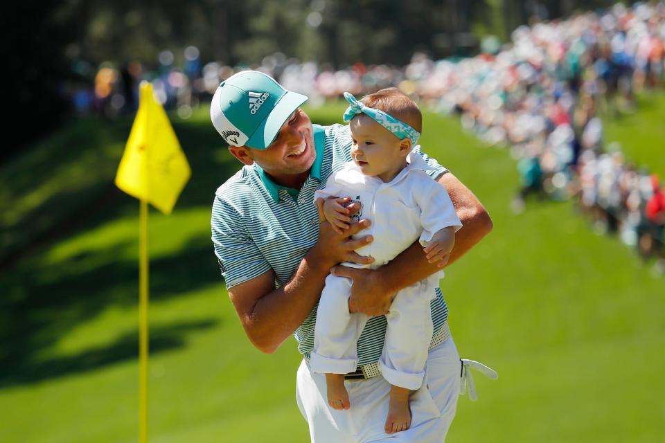 AUGUSTA, GEORGIA - APRIL 10: Sergio Garcia of Spain holds daughter Azalea Adele Garcia during the Par 3 Contest prior to the Masters at Augusta National Golf Club on April 10, 2019 in Augusta, Georgia. (Photo by Kevin C. Cox/Getty Images)