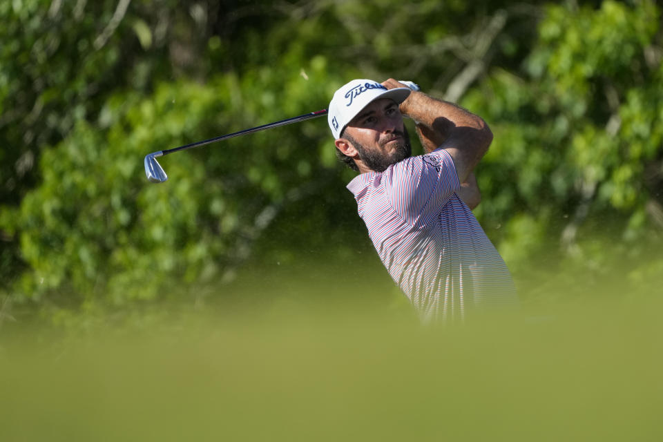 Max Homa hits off the 16th tee during the second round of the PGA Zurich Classic golf tournament at TPC Louisiana in Avondale, La., Friday, April 21, 2023. (AP Photo/Gerald Herbert)