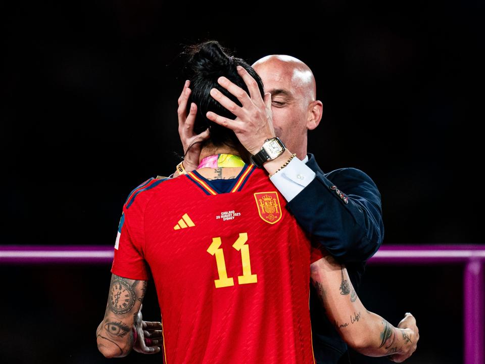 Luis Rubiales kissing Jenni Hermoso after Spain beat England during the 2023 World Cup final on August 20, 2023.