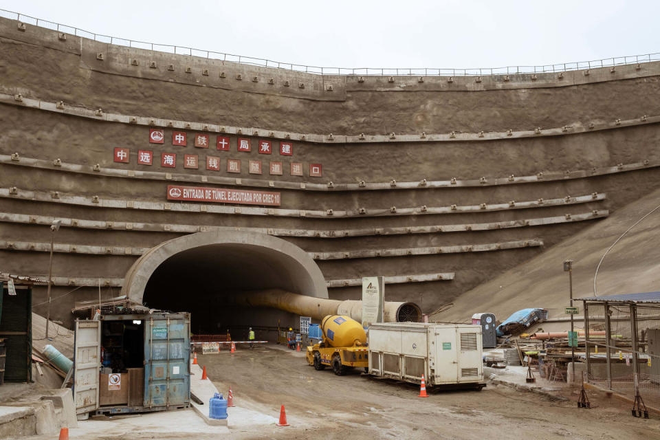 The mile-long tunnel that leads to the Chinese megaport in the city of Chancay. (Florence Goupil for NBC News)