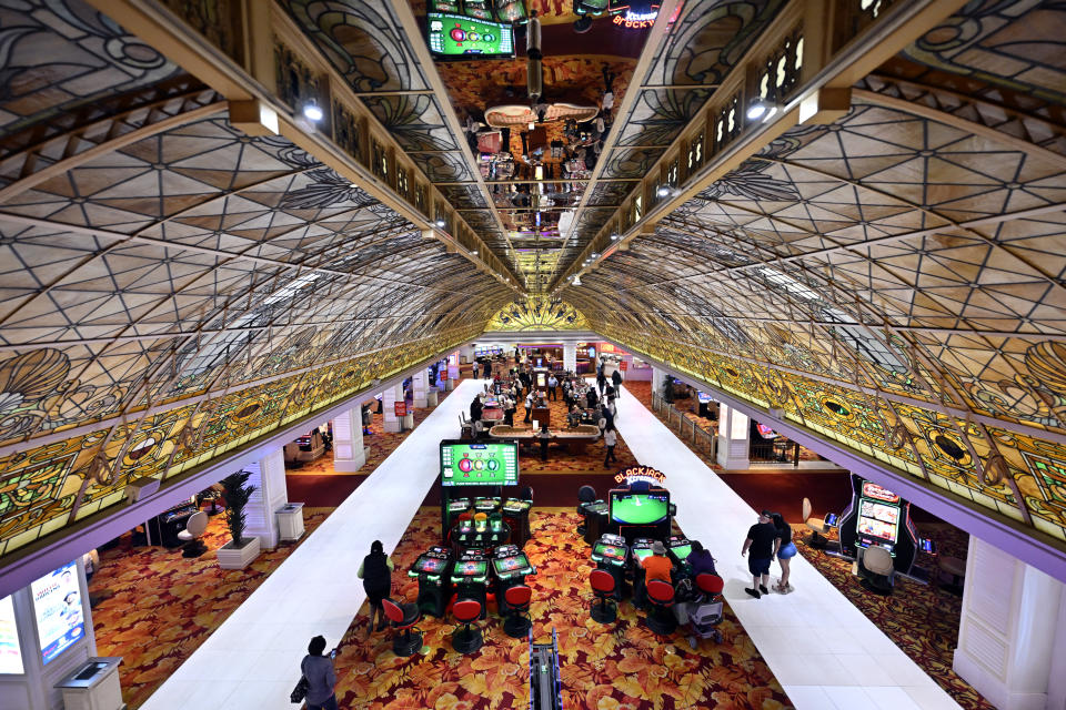 LAS VEGAS, NEVADA - MARCH 29: A portion of the 4,000 square-foot stained-glass ceiling is seen over gaming machines at the Tropicana Las Vegas on March 29, 2024, in Las Vegas, Nevada. The hotel-casino opened in 1957 and will close on April 2, 2024, to make way for a planned USD 1.5 billion, 33,000-seat domed stadium for Major League Baseball's Oakland Athletics and a related resort development by Bally's and Gaming and Leisure Properties Inc. MLB owners approved the team's relocation to Nevada in November and the A's hope to move into the ballpark, which will occupy nine acres of the 35-acre site, in 2028. (Photo by David Becker/Getty Images)