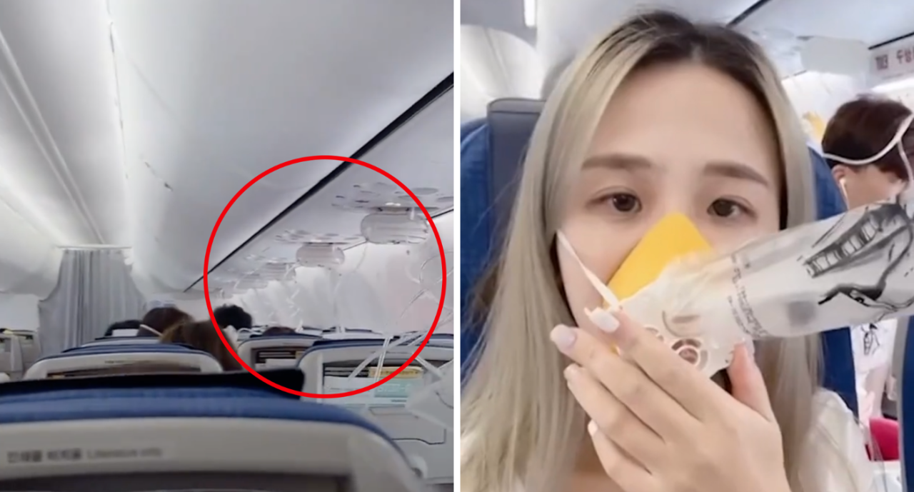 A woman holds an oxygen mask to her face on the flight. Source: KameraOne