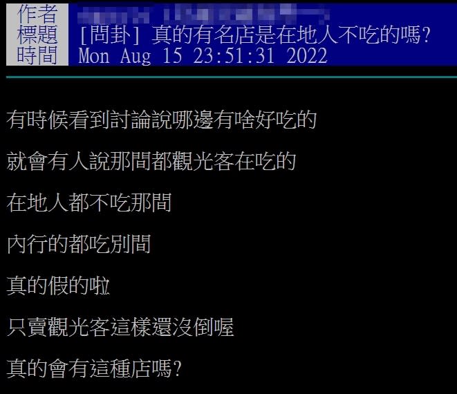 原PO發文詢問，是否有「只賣觀光客的店」存在。（圖／翻攝自PTT）